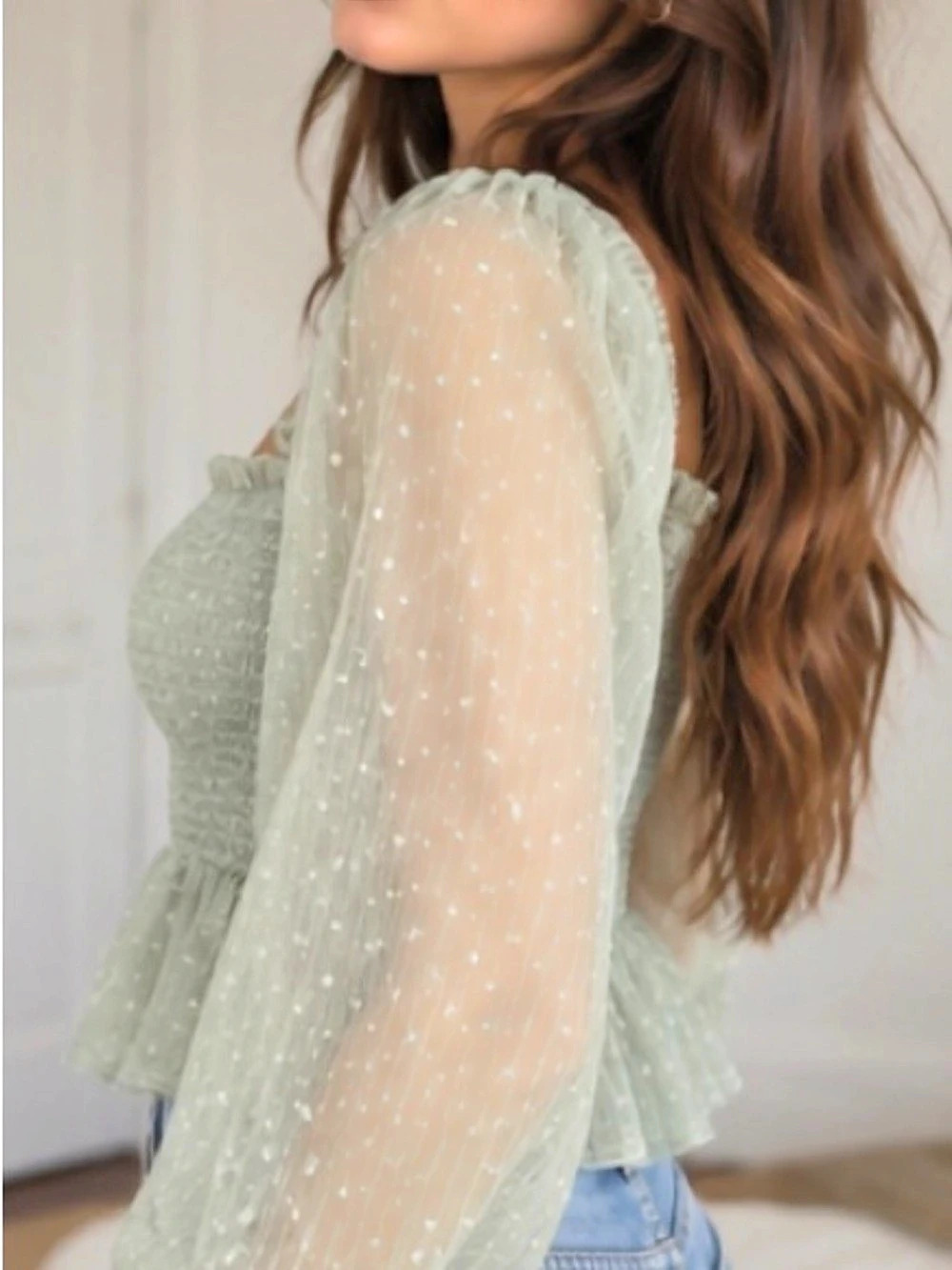 Sage Green Sheer Polka Dot Ruffle Top